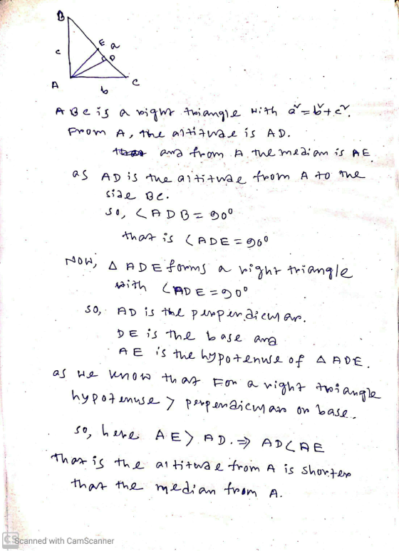 / A be is a vigns. thiangle with a = boter From A, the aitianae is AD. tha ana from A. the mediam is E RS AD is the antithae