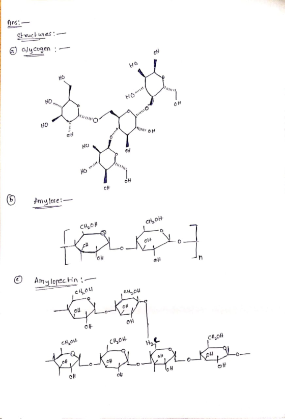 Ans: - Structures : @ Glycogen: – IROH CH Amy lose: - CH₂O CH₂OH flot OH © Am Amy lorectin: CHL04 1 CH₂OH OH CH, OH CH₂OH CHO