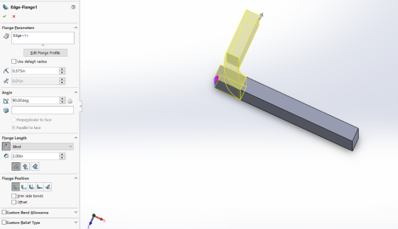 Edge-Flange1 Flange Parameters Edge<1 Edit Flange Profile Use default radius 0.375in 0.01in Angle 190.00deg Perpendicular to