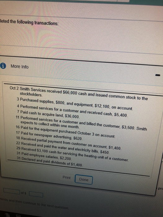 leted the following transactions: More Info Oct 2 Smith Services received 566,000 cash and issued common stock to the stockho