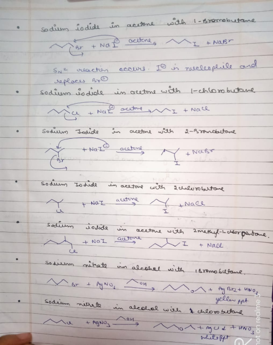 Sodium iodide in acetone with 1-Bromobutane Na + No acetone, I + NaBr & occurs. I is nucleophile and SN² reaction replaces Br