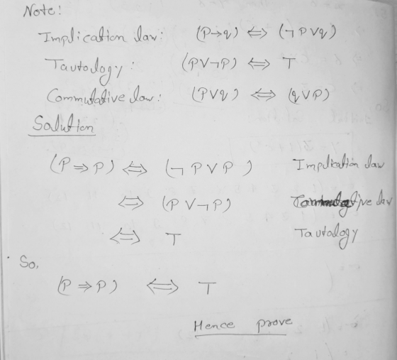 Note! Implication law: Tautology: Commulative dow: Solution (P+q) & (JP vq) (VIP) A T (PVV) * QUOD ☆ GPVR , (P>P) 5 (PVPI Imp