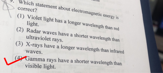 . Which statement about electromagnetic energy is correct? (1) Violet light has a longer wavelength than red light. (2) Radar