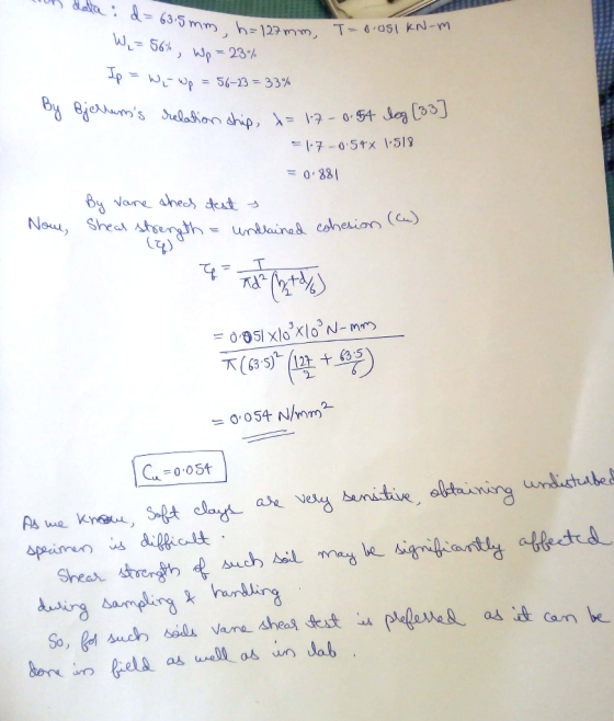 , d=615 mm, h-127 mm, WL 56% , W,-23% If w-wp -56-23-33% = 0,281 Now, Sheas stt h= Undeure & Cohesion (a) 4) 2 o, o54 N/mm2 d