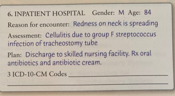 6. INPATIENT HOSPITAL Gender: M Age: 84 Reason for encounter: Redness on neck is spreading Assessment: Cellulitis due to grou