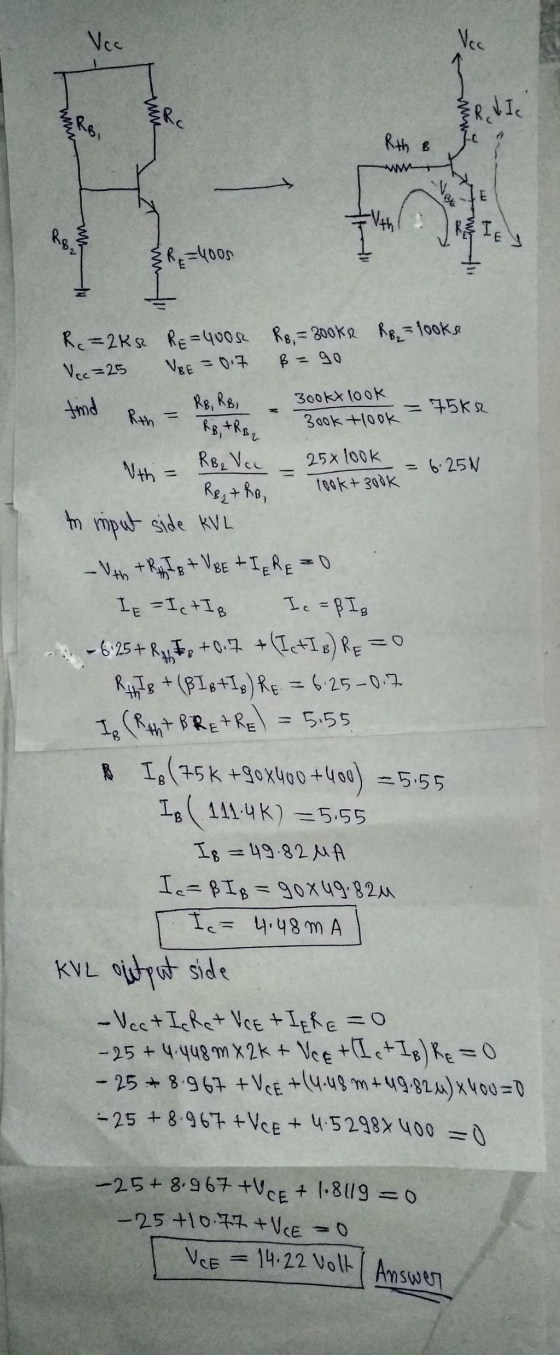 wm RVIC M Rth B ON 4 1.99 & R=4005 = 6.25N Re=2K RE=4000 RB = 300ks RB = looks Vec=25 VBE = 0.7 B=90 find Ru - RB, RB, – 300k