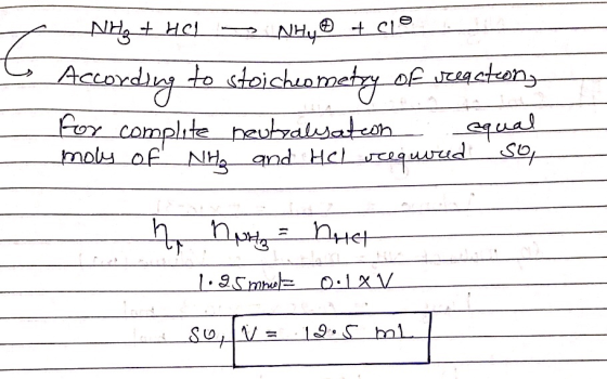 a NH3 + HCl - NHy® + Cle • According to stoicheometry of weegsteong for complite neutralisation equal moly of NH₃ and Hel ree