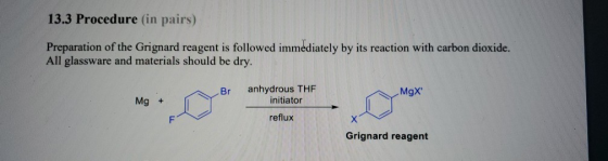13.3 Procedure (in pairs) Preparation of the Grignard reagent is followed immediately by its reaction with carbon dioxide. Al