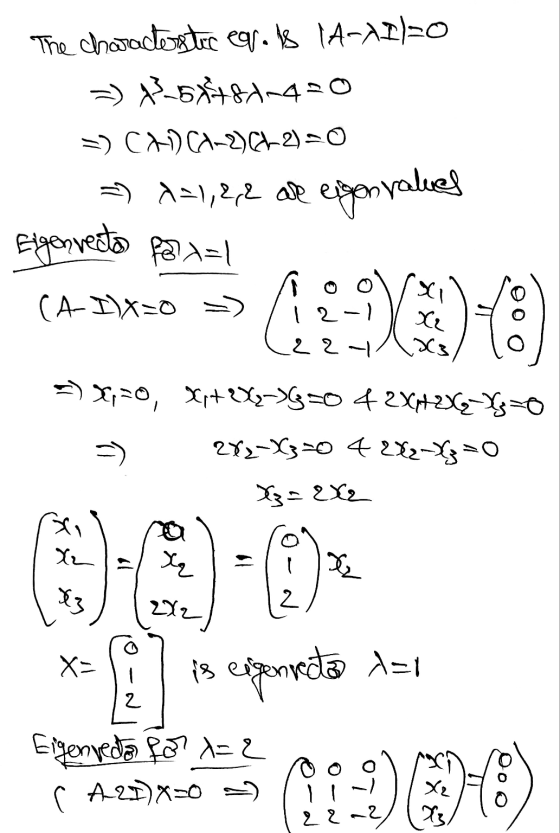 The characterstoc epuis IA-AI=0 =) 8-6878d-470 =) CADCX-2) EL 2) = 0 => d=1,2,2 at egon values Elgorrecto fex=1 X1 (A-IX=0 نے