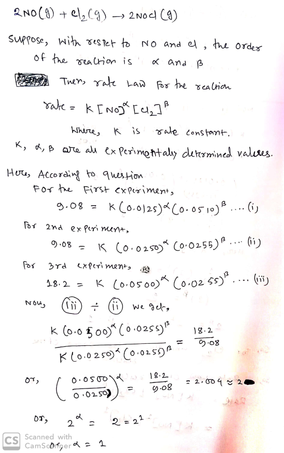2NO(g) + Cl2(g) -> 2Nocl (9) suppose, with respet to no and el, the order of the reaction is x and ß Man Ther, rate Law for t