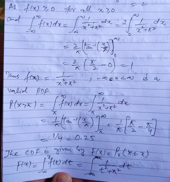 a As f(x) 7,0 for all x 7,0 and I fulde = x da xta2 20 / dx x²+22 - 2 - o) - Thus fex) = valid RDA. canca x2 P(xya) = f from