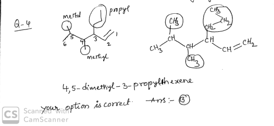 I propyl methy CH=CH₂ methyl 4,5-dimethyl-3-propylthexene CS Scan your option is correct Ans:- ® CamScanner