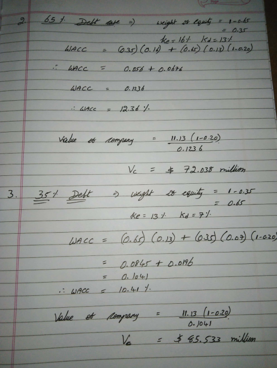 65 t Debt use - weight et equity = 1-0.65 = 0.35 ke-161 Kd=13% WACC = 6.35) (0.16) + (0.65) ( 0.13) (1-0.20) WACC = 0.056 + 0