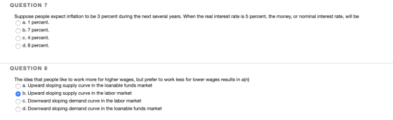 QUESTION 7 Suppose people expect inflation to be 3 percent during the next several years. When the real interest rate is 5 pe