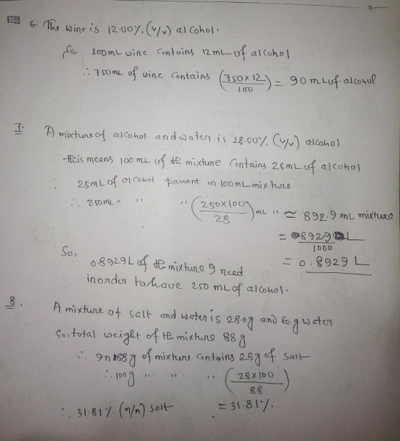 7 6. The wine is 12.007. (v/v) alcohol. So, 100mL wire contains 12 mL of alcohol 750me of wine contains (750x12) - 90 mL of a
