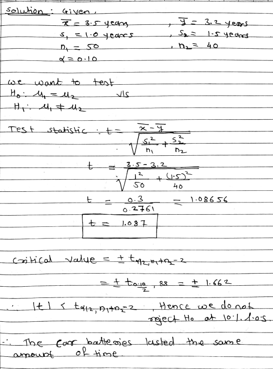 2 solution: Given x = 3.5 years si = 1:0 yeders n Y = 3.2 years Sa S yeded SO sh2 = 40 o=0:10 test we want to Hoi 4 = Uz Hr.,