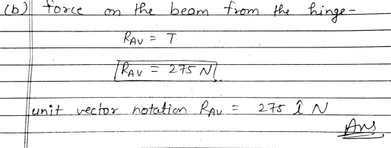 (b) force from the hinge- - on the beam RAU = T. TRAU = 275 NT lunit vector notation RAL = 275 i N Ang