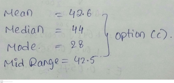 Mean 42.6 Median 44 Mode. 28 Mid Range = 42.5 option Co). OS Scanned with Camecame