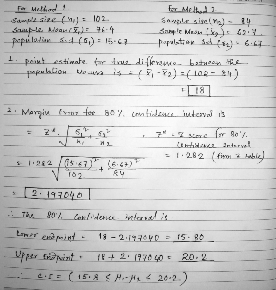 For Method 1. For Method 2 Sample size (nu): 102 Sample size (12) - 84 Sample Mean (X): 76:4 Sample Mean (x) = 62.7 populatio