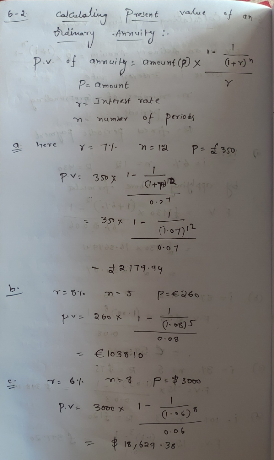 Calalating value Presont 6-2 f an P.v of amnuity mount (p) x (+ Y) Y Pe amount Y IRtORCst Yate of periods o 2 heTe Y= 7.1 a n