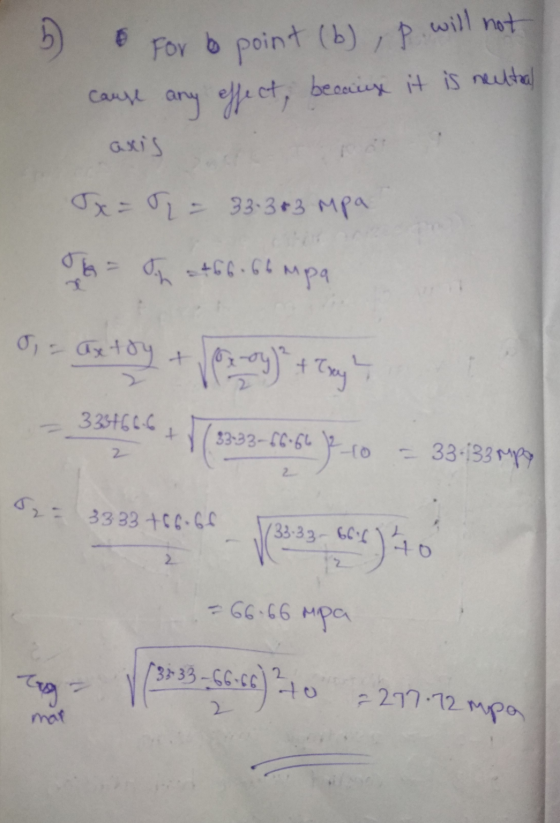 For to point (b), p will not cause any effect, because it is neutral axis x == 33.3+3 Mpa The In +66.66mpa 333766.6 I-axtoy +