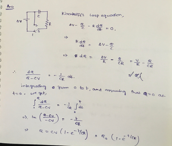 Kirchhosts loop equation, ov- e - R = 0. Ann => op de = da Q-CV a-cv = - 4 dt integrating a from o tot, and assuming that a=