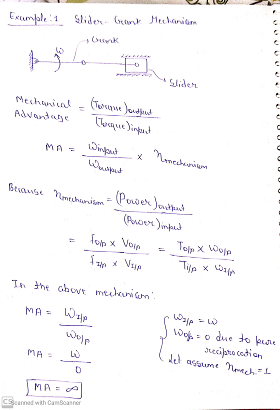 Example! Slider Grank Mechanism s brank 3k & Slider Mechanical Advantage Torque Joudkust (Tueque Jinpuit MA Winput Woutput x