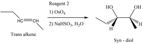 Reagent 2
1) OsO4
HO
HC=CH
2) NaHSO3, H20
Trans alkene
Syn - diol