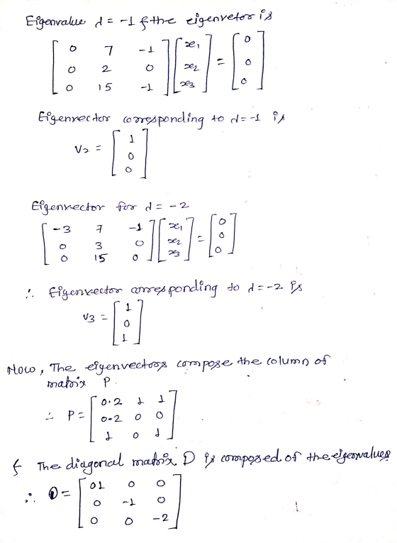 Eigenvalue d=off the eigenvetor is 7 -1 0 2 O ser 15 -1 223 Eigenxector conresponding to dat is مر V2 = 1 0 Eigenxector for d