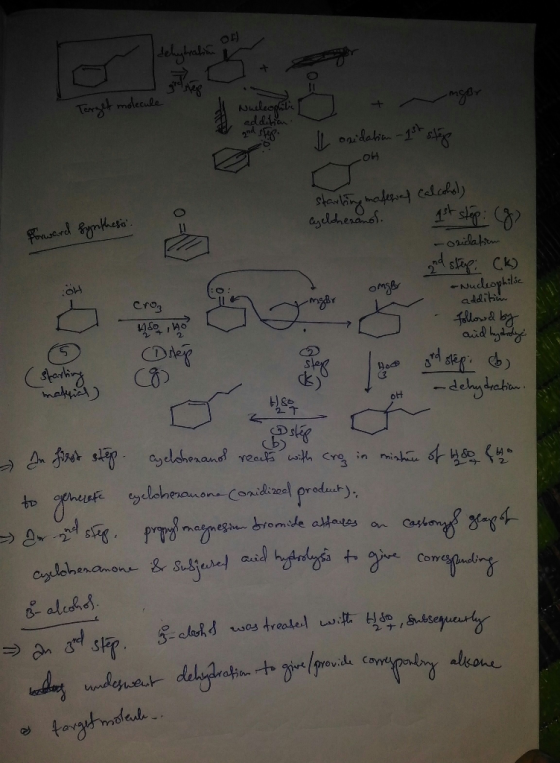dehydration O + ngar Target molecule Nucleophilic + addle god steg. I onidation - 1st stogo OH starting material calcohol, Cy