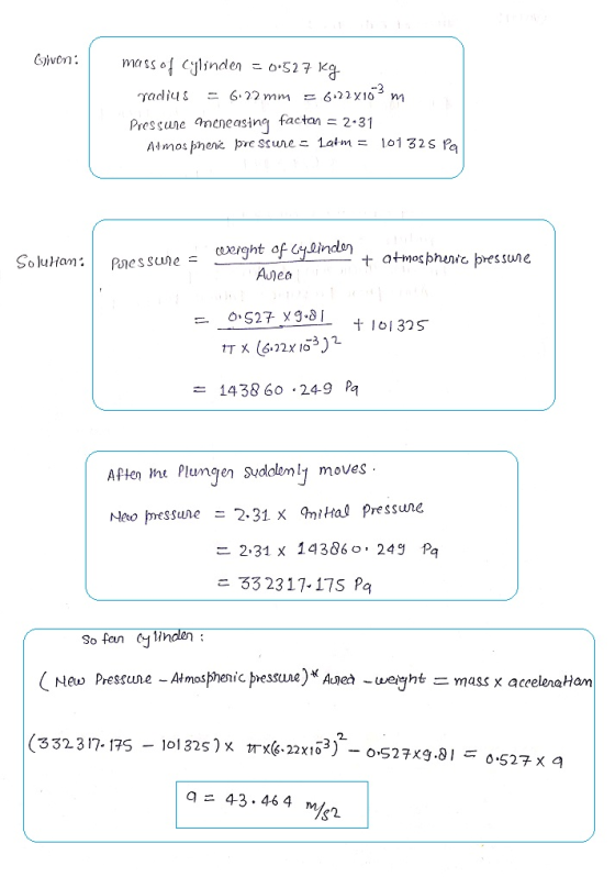 Given: mass of cylinden = 0.527 kg yadius = 6.22 mm = 6.22x162 m Pressure moneasing factan = 2.31 Atmospheric pressure - latm
