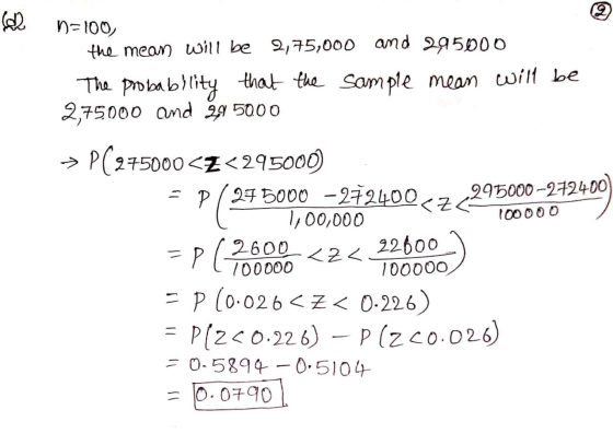 n=100 the mean will be 2,75,000 and 295000 The probability that the sample mean will be 2,75000 and 29 5000 → PC275000<Z<2950