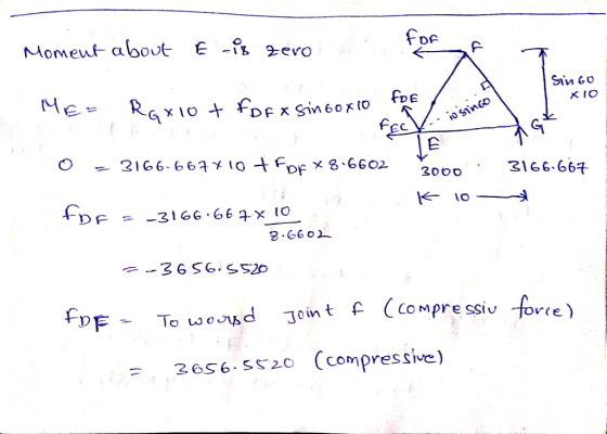 Moment about Eis zero t Singo XIO ME= Rox10 + foFX Sin 60x10 & Sio singo 3166-667 3000 K 10- lo = 3166-667x10 +FDF X8-6602 20