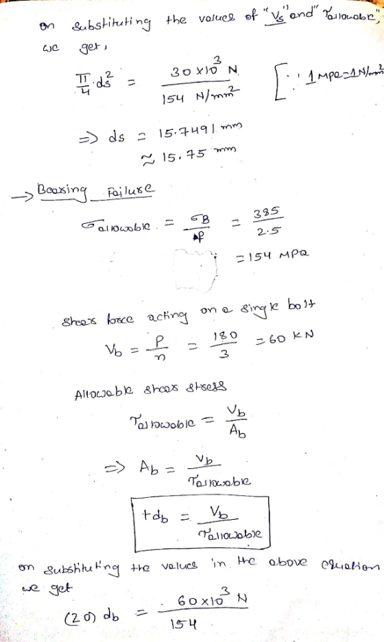 the values of vs and Pollowable on we Substituting get I d = 30x10²N 1 1 mpe - N/mm 154 N/mm² >) ds = 15.7491 mm – 15.75 m