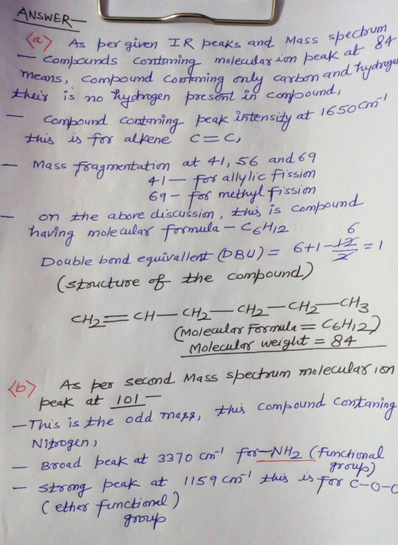 ANSWER- and Mass specbum peak at 84 nand hydrogen Gat 1650cm Jay As per given IR peaks and mass spe - compounds contaning mol