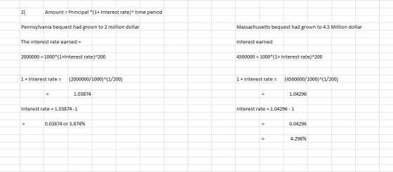 2) Amount = Principal *(1+ Interest rate) time period Pennsylvania bequest had grown to 2 million dollar Massachusetts beques