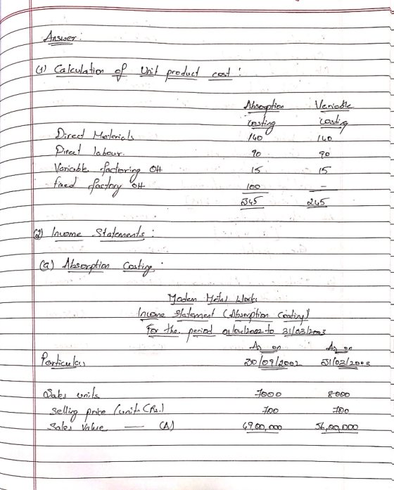 Answer: G Calculation of Ubit product cost! Ald W _ Direet Merlericks Direct labour. Varicable factoring of -fined factory of
