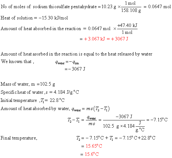 1 mol No of moles of sodium thiosulfate pentahydrate = 10.23g xe - = 0.0647 mol 158.108 g Heat of solution = –15.30 kJ/mol +4