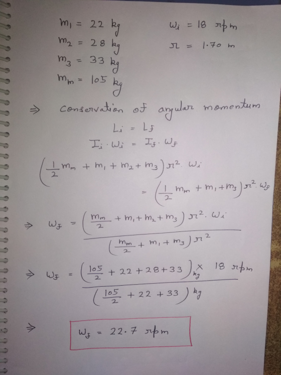 Wi = 18 rpm m2 = 28 1.70 m mi = 22 kg 28 kg m₂ = 33 kg mm Conservation of angular momentum Li = Ls Is Wi Is. Wf + 6 mm Ws 2 I