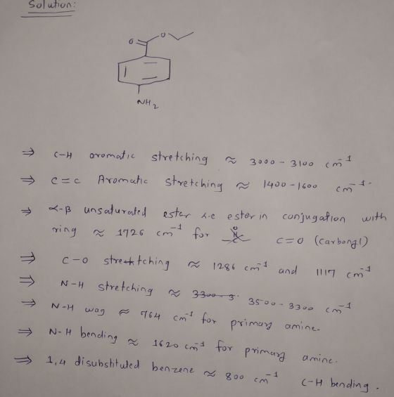 solution: NH2 c-H aromatic stretching ñ 3000-3100 cm c=c Aromatic stretching ~ 1400-1600 cmt X-B unsaturated estar are ester