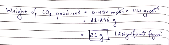 teleight of coa produced = 0.484 molesx 44 groots = 21.296 = 21g (o significant figure)