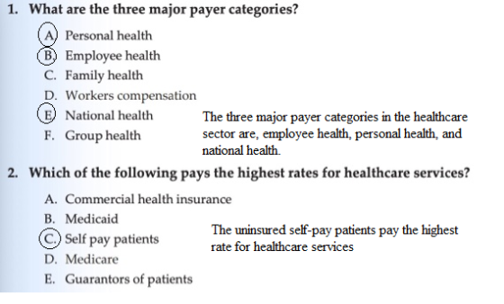 1. What are the three major payer categories? (A) Personal health Employee health C. Family health D. Workers compensation (E