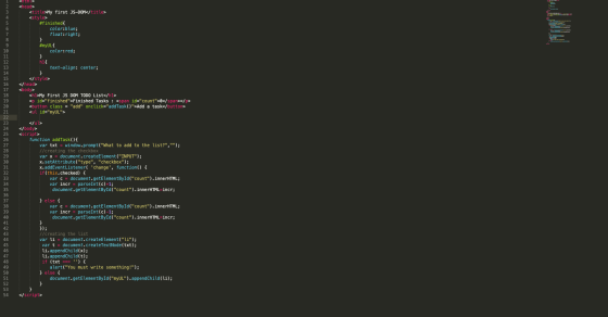 <head> <title>My first JS-DOM</title> <style> #finished color:blue; float:right; } #myUL{ color:red; hi{ text-align: center;