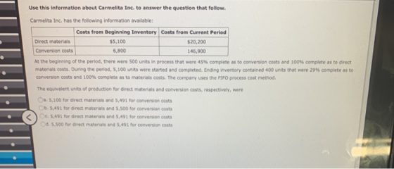 Use this information about Carmelita Inc. to answer the question that follow. Carmelita Inc. has the following information av