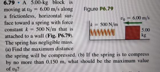 6.79 A 5.00-kg block is moving at vo 6.00 m/s along Figure P6.79 a frictionless, horizontal sur- face toward a spring with fo