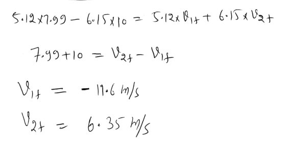5.1247.99-6-15810 2 5.12+ 0 + + 6-15 * Us + 7.99+10 = Vzt - Vit Vit = -11.6 m/s - Uzt = 6.35 m/s