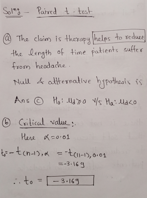 Solno - Paired t-test @ The claim is therapy helps to reduce the length of time patients suffer from headache. Hull & alterna