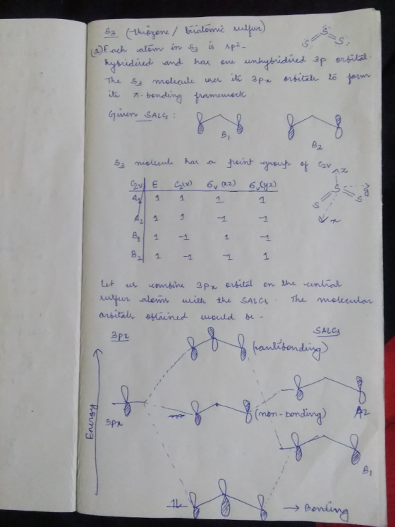 S3 (thiozone / briatomic sulfur) s (a) Each catem in $3 is sp² s s . hybridired and has one unhybridired ap orbital. The se m