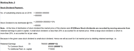 Working Note -3 Stock Dividend Payment- No. of outsatnding shares as on 2016 = 300000+350000 = 650000 Stock Dividend to be di