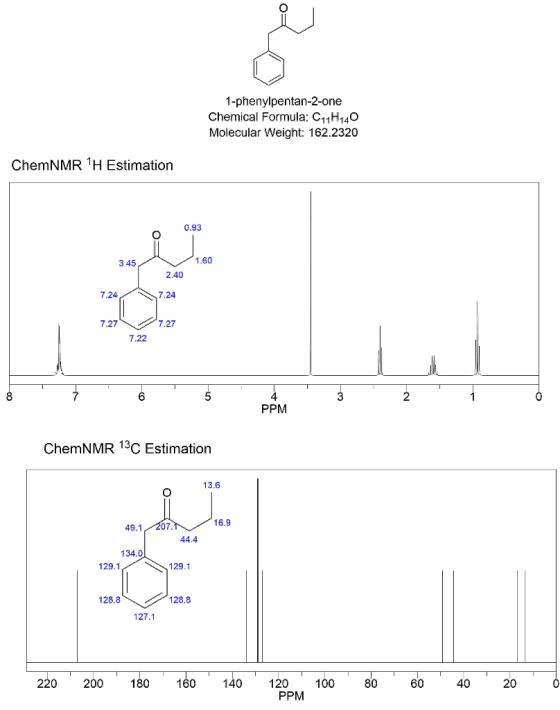 1-phenylpentan-2-one Chemical Formula: C11H140 Molecular Weight: 162.2320 ChemNMR H Estimation 0.93 1.60 2.40 .27 7.277 7.22